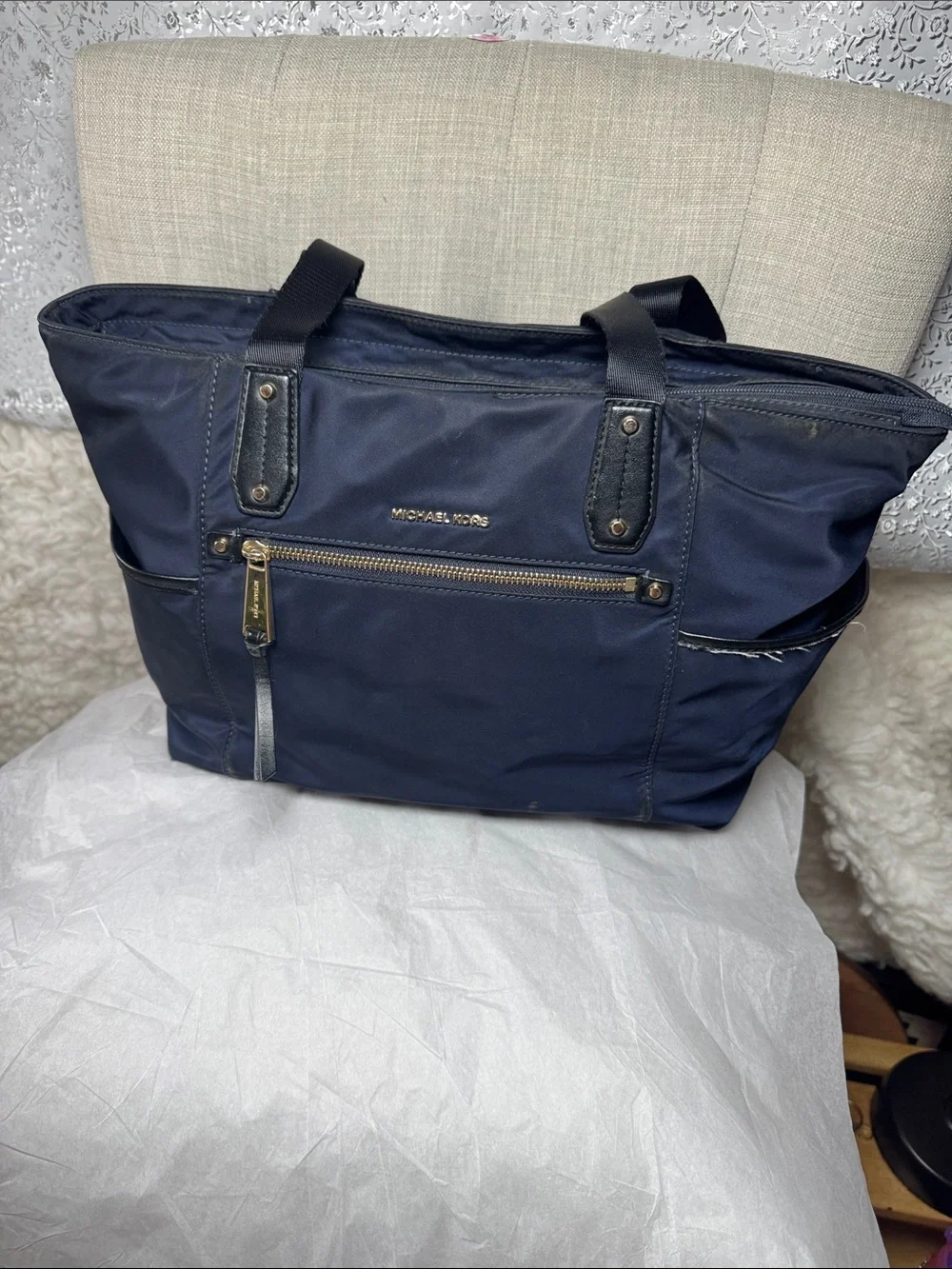 Michael Kors Navy Blue Nylon Tote with Front Zip Pocket